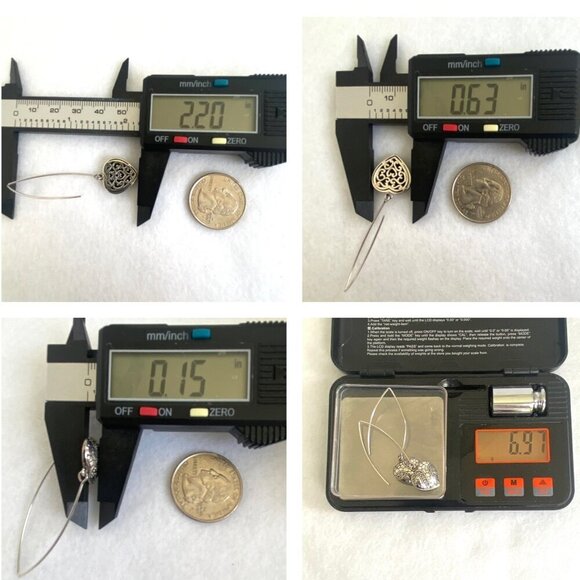 Sterling Silver 925 Marcasite Puffy Heart Threader Style Dangle Drop Earrings - Picture 10 of 16